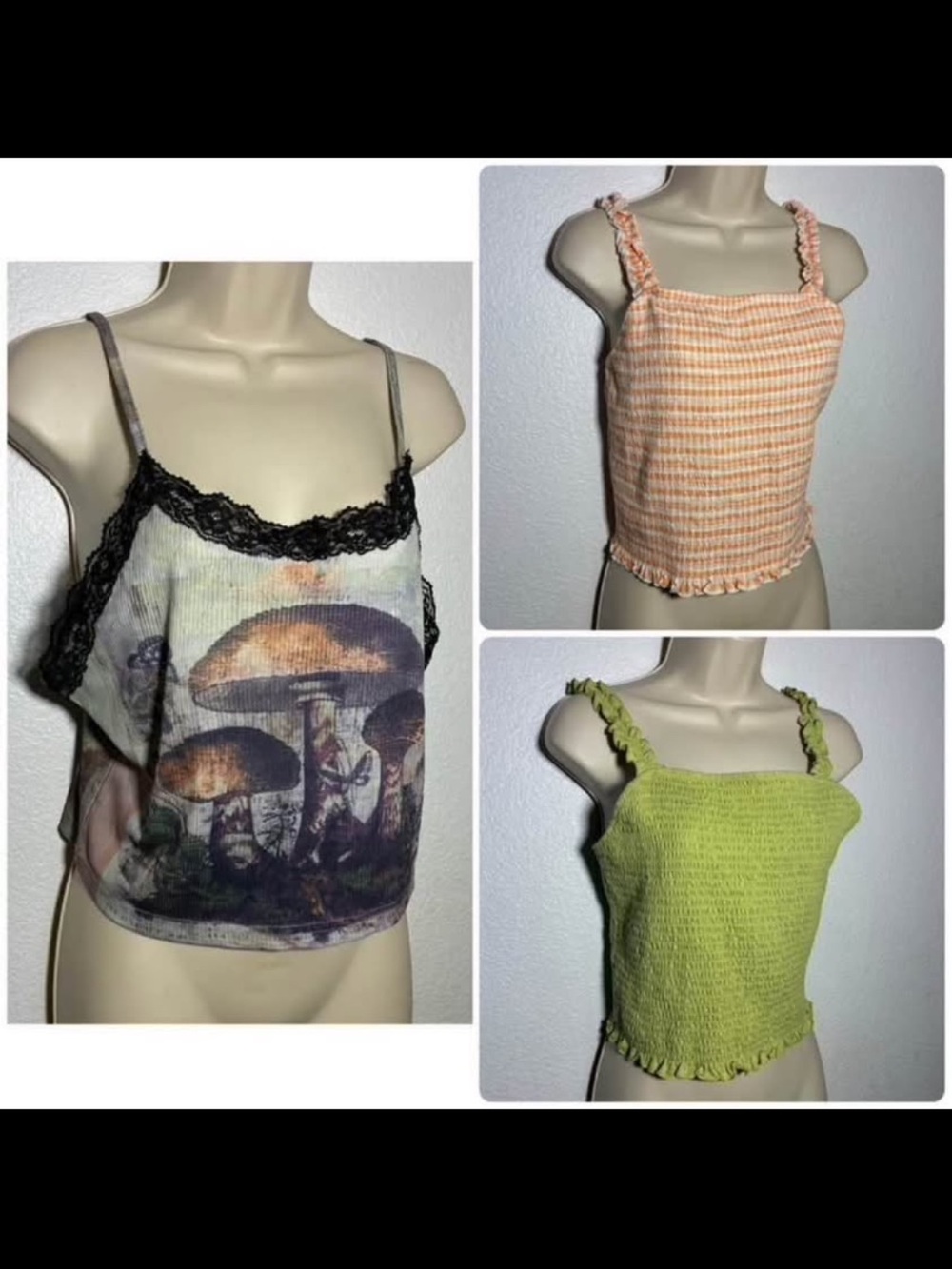 3-Pack Women's Cropped Tank Tops - Peach, Lime & Multi Mushroom Print Size XL
